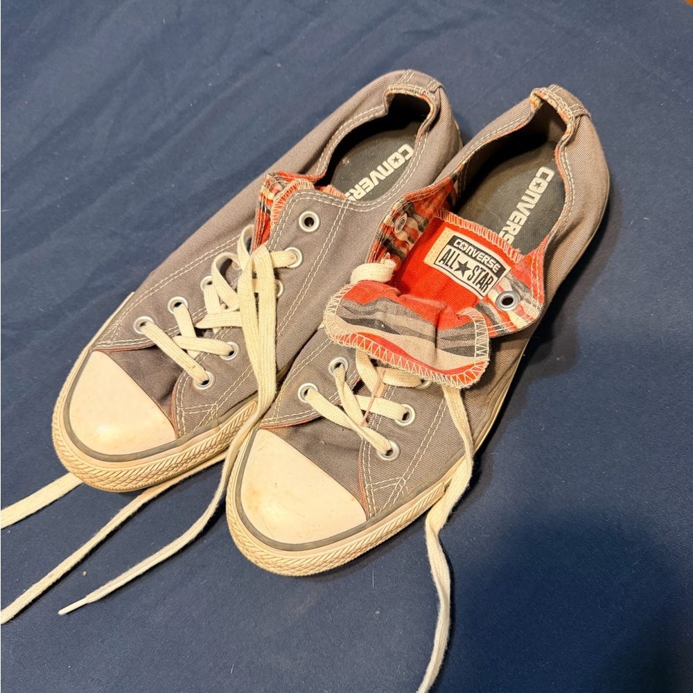 Converse Low Top Gray Canvas Sneakers with Red Plaid Lining